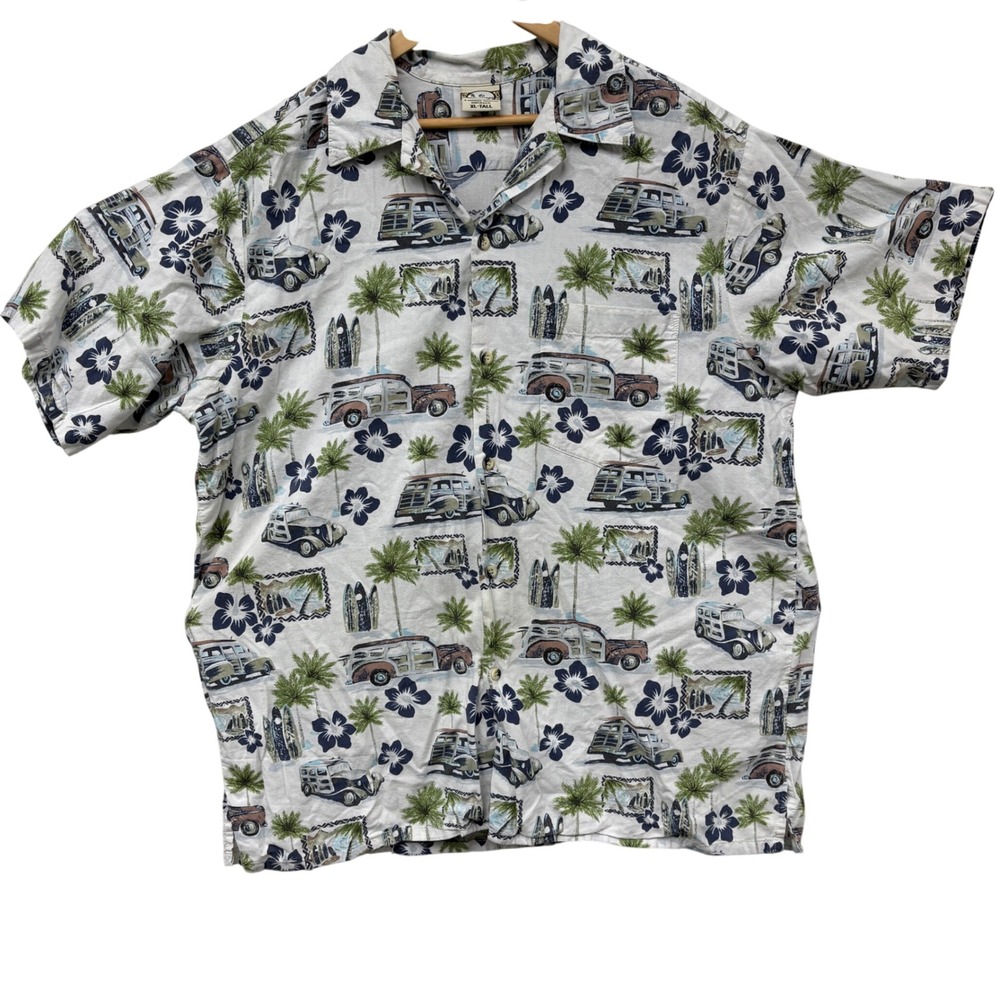 Go Barefoot XL Tall Hawaiian Shirt Mens Aloha Surf Car Button Up USA Vintage